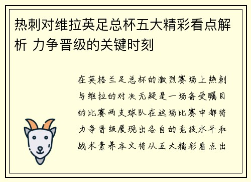 热刺对维拉英足总杯五大精彩看点解析 力争晋级的关键时刻